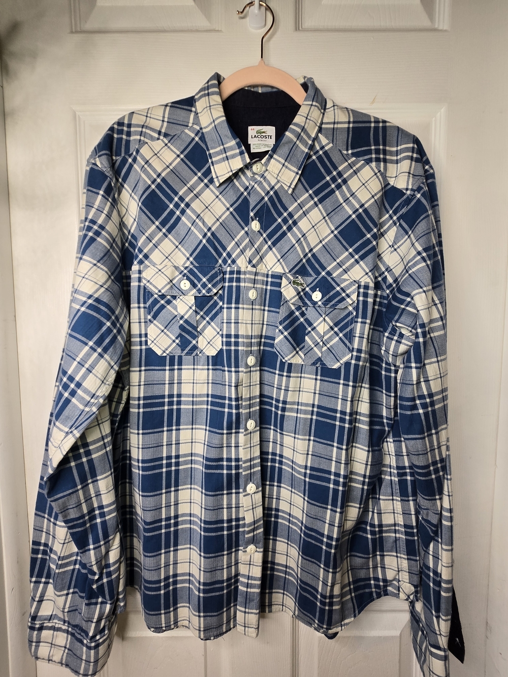 Lacoste Men Plaid Long Sleeve Button Down Shirt Size 44 XL Slim Fit Blue White